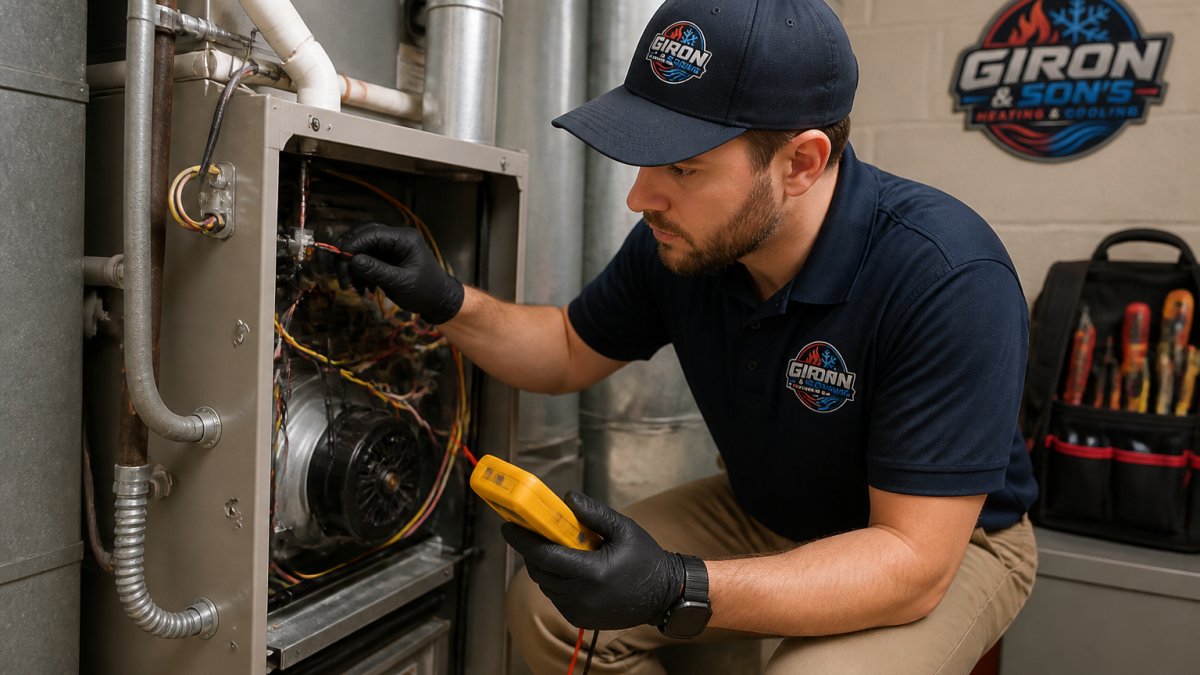 Professional HVAC technician in uniform inspecting an indoor air handler unit with diagnostic meter and tools in hand, focused on component inspection