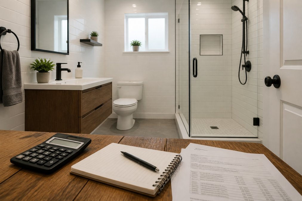 Modern newly renovated small bathroom with contemporary white subway tile, floating vanity, frameless glass shower enclosure, and recessed lighting creating a bright, spacious feel