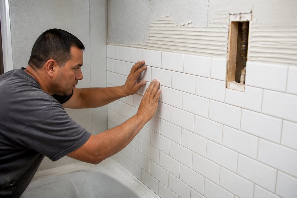 Contractor hands carefully installing white subway tile on bathroom wall, demonstrating precision and attention to detail in quality bathroom remodeling