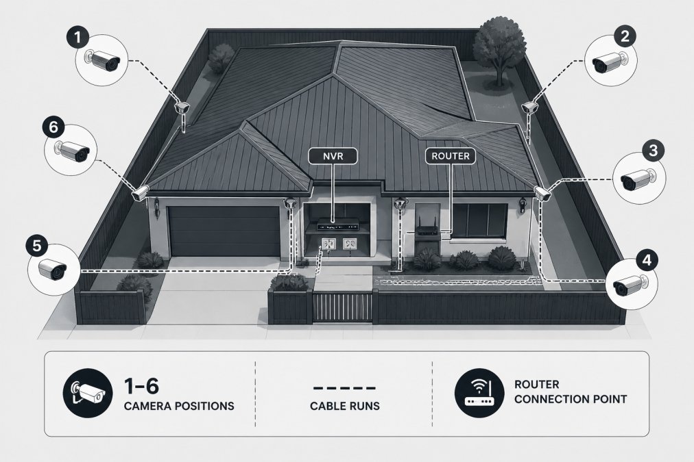 Diagram showing six camera positions around a house perimeter, with labels for NVR location, cable runs, and router connection point