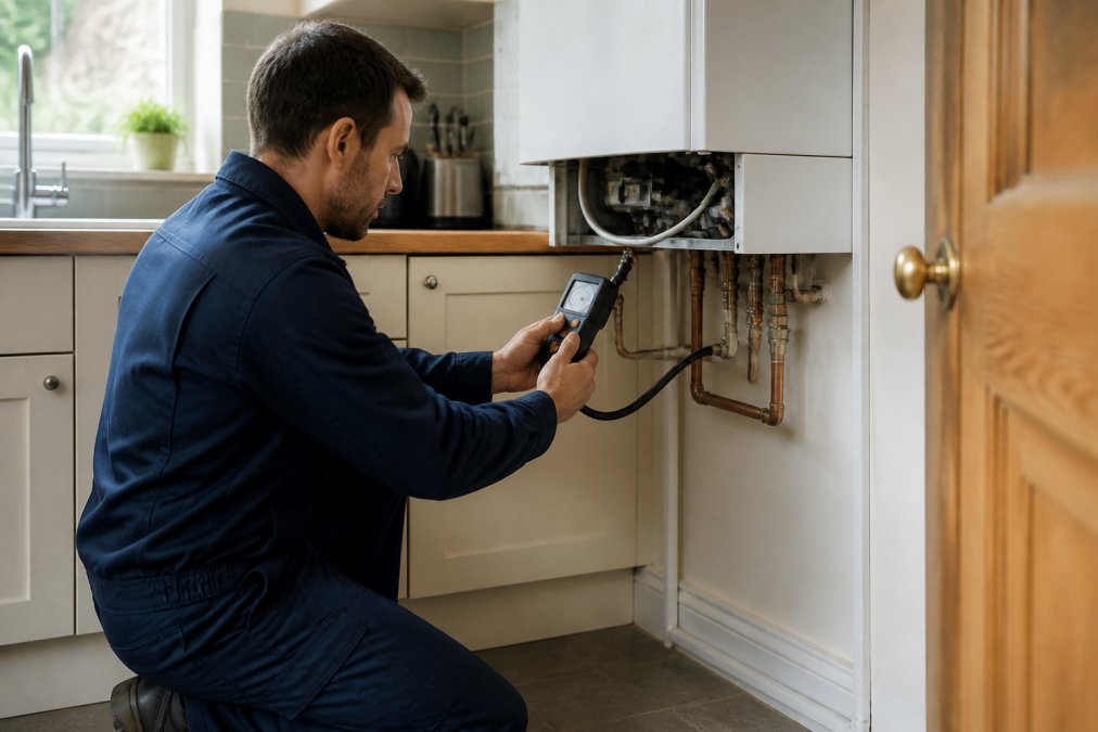 A Gas Safe registered engineer in navy workwear kneeling in front of a modern wall-mounted boiler in a bright, tidy UK kitchen, holding a digital pressure gauge and reading the display