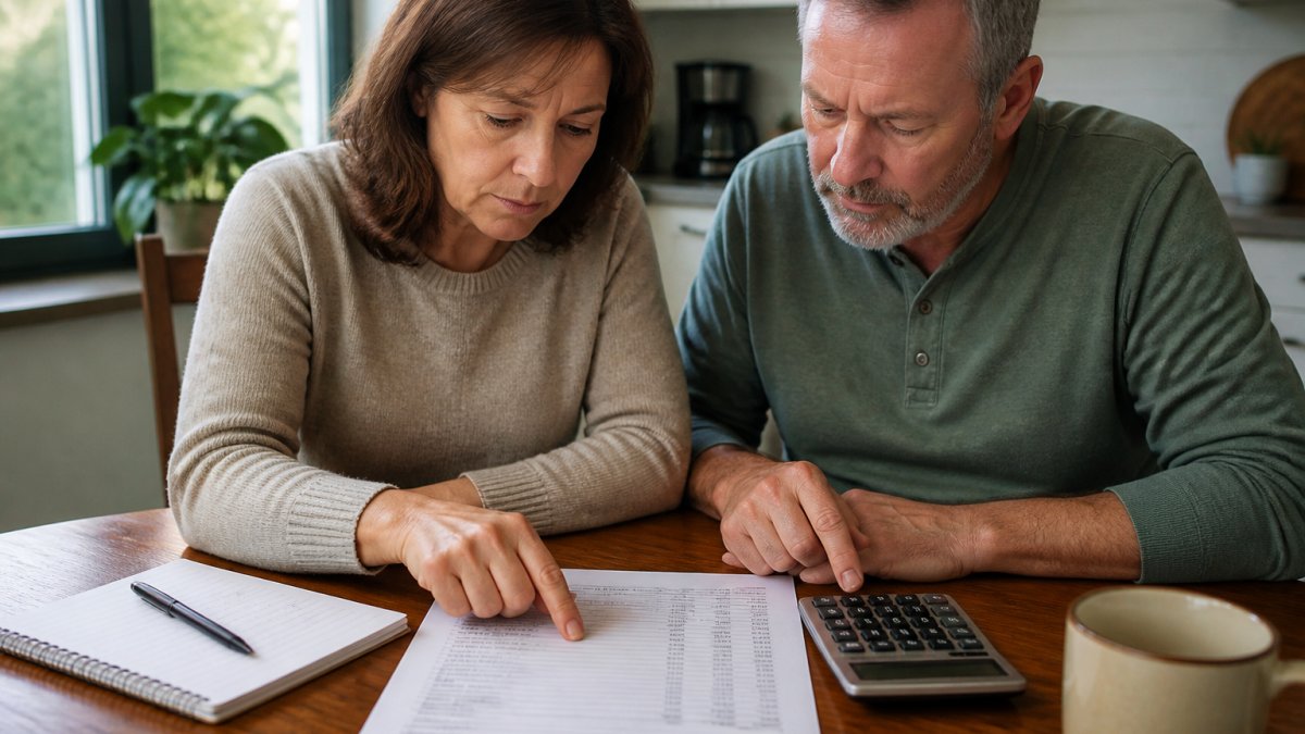 A middle-aged couple sitting at a kitchen table with a printed itemized funeral price list, a calculator, and a notepad, reviewing line items together in natural daylight