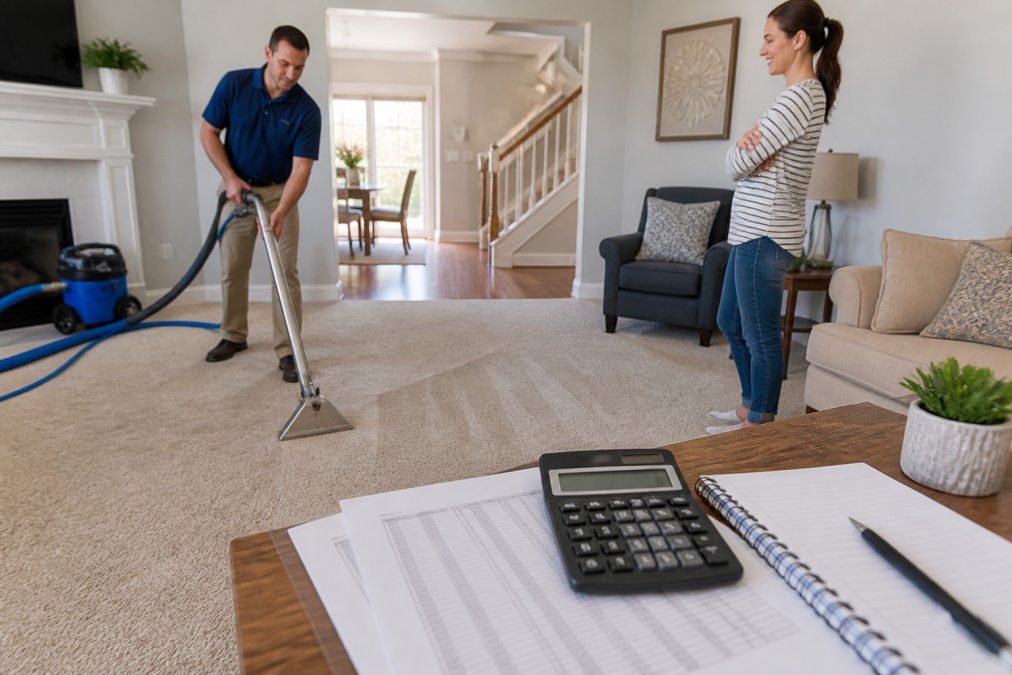 Technician using a steam cleaner on a beige carpet to determine the average cost of carpet cleaning in Toms River.