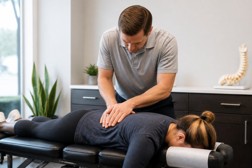 Chiropractor performing spinal assessment on patient lying face-down on treatment table in clinical setting with soft natural lighting