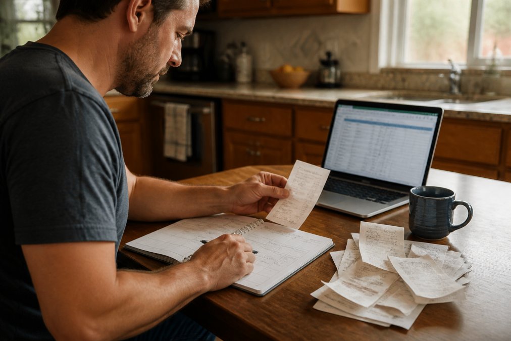 A car owner reviewing a monthly budget planner and a stack of repair receipts at a kitchen table, with a laptop showing a savings spreadsheet open beside a coffee mug, warm morning light through the window