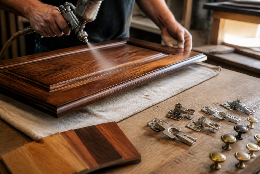 Craftsman applying a fine finish to custom kitchen cabinets in a workshop with hardware and wood samples nearby.