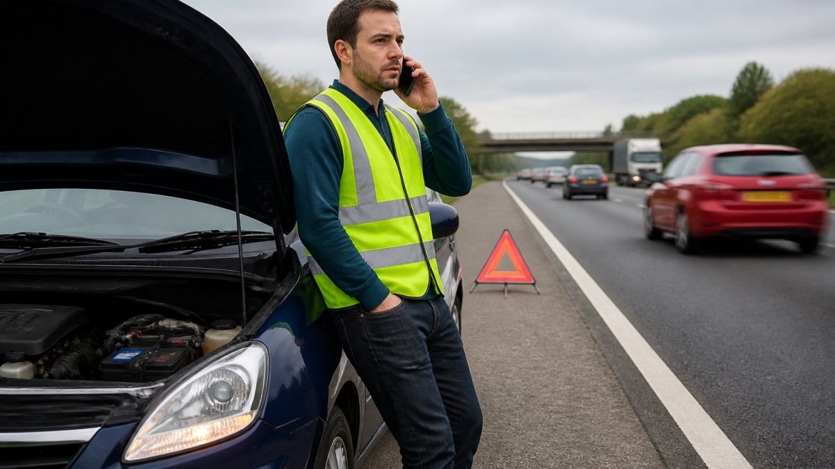 Driver safely pulled over on hard shoulder with hazard lights on, using mobile phone to call for roadside assistance, motorway traffic visible in background