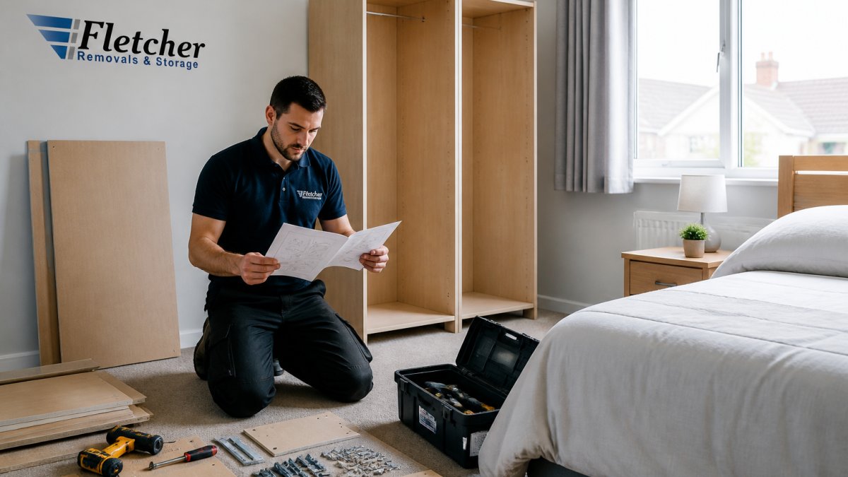 Professional furniture assembler holding instruction manual while assembling flat pack wardrobe in bright residential bedroom with tools and components laid out