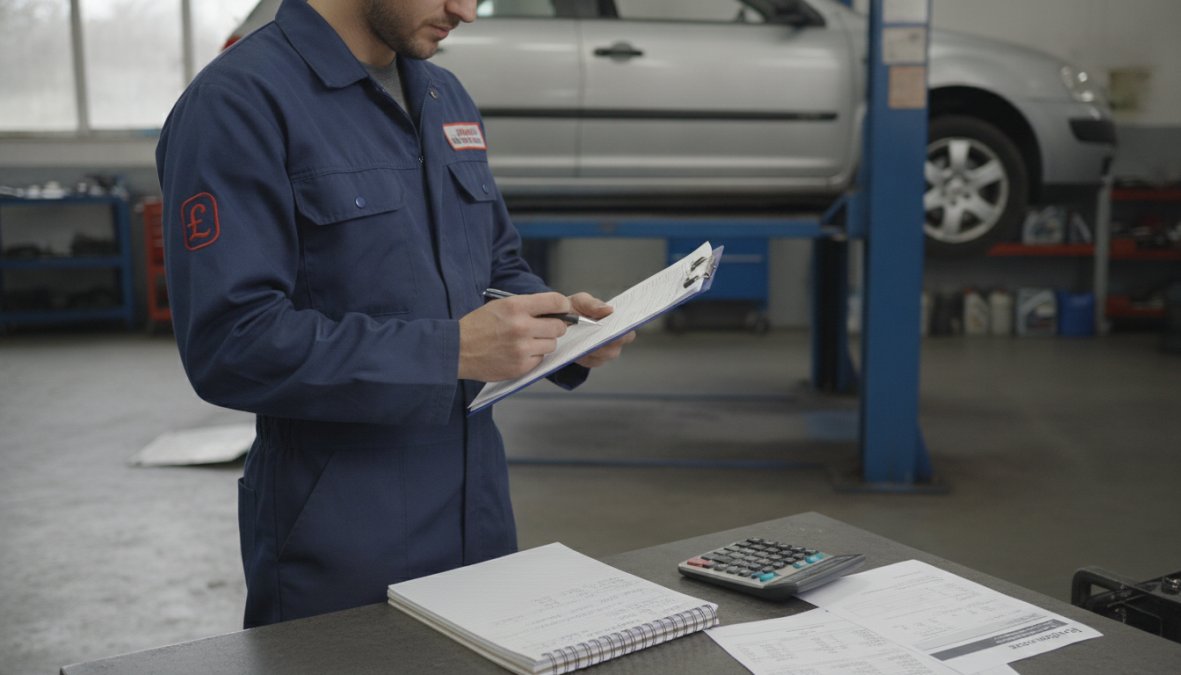 A mechanic in a clean workshop uniform reviewing a vehicle service checklist on a clipboard next to a car lifted on a ramp under bright workshop lighting