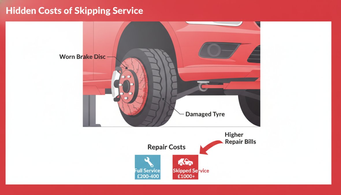 Close-up of a severely worn brake disc and cracked tyre sidewall on a vehicle lifted on a garage ramp, showing visible deterioration under workshop lighting