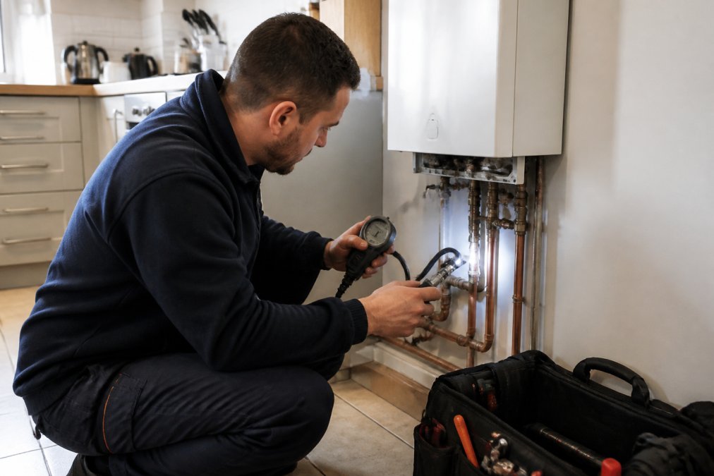 A Gas Safe registered engineer in navy workwear kneeling beside a modern white combi boiler in a UK kitchen, holding a digital pressure gauge and checking the pipework with a torch