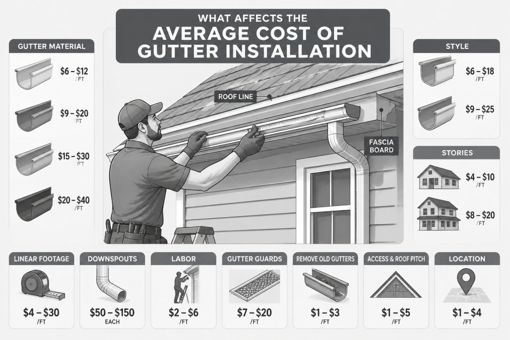 Professional contractor measuring and inspecting residential gutters on home exterior, showing roof line and fascia boards, natural daylight