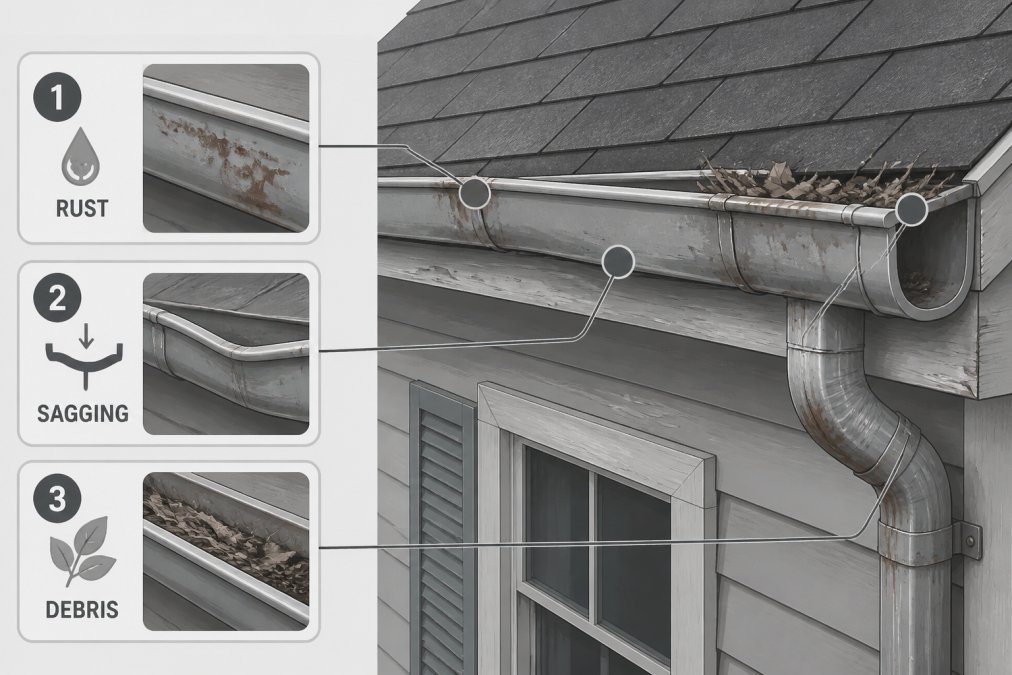 Damaged residential gutters showing rust, sagging sections, and debris accumulation on older home exterior with visible wear