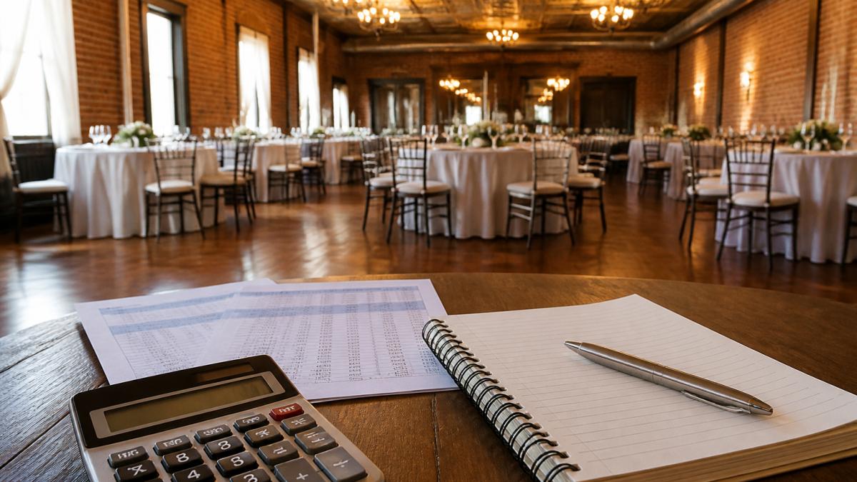 Elegant ballroom at one of many historic wedding venues featuring exposed brick walls and warm chandelier lighting.