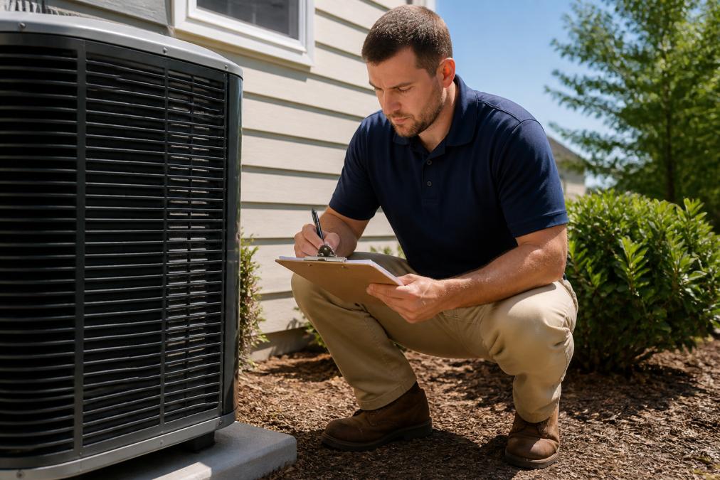 A licensed contractor in a branded work shirt crouching beside a residential HVAC unit outdoors, writing on a clipboard in clear afternoon sunlight, with the home's exterior siding visible in the background