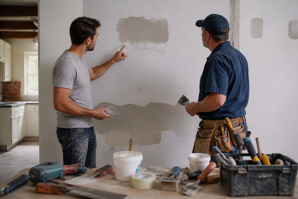 A homeowner and a professional handyman standing side by side inside a home, both examining drywall repair work on a wall, with hand tools and a toolbox visible on a nearby workbench, warm interior lighting