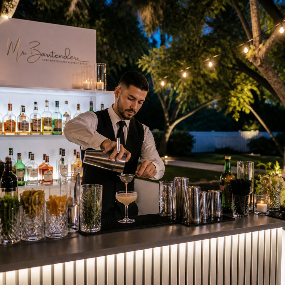 Professional bartender pouring a cocktail at an outdoor mobile bartending service event with LED bar lighting