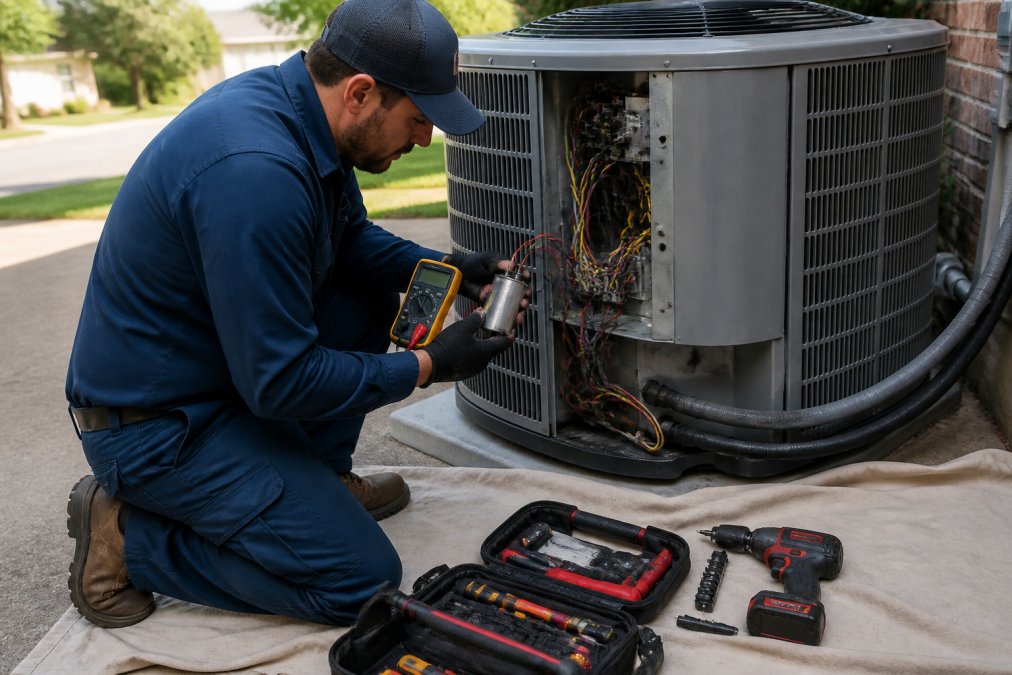 HVAC technician performing professional AC repair by testing a capacitor in an outdoor condenser unit.