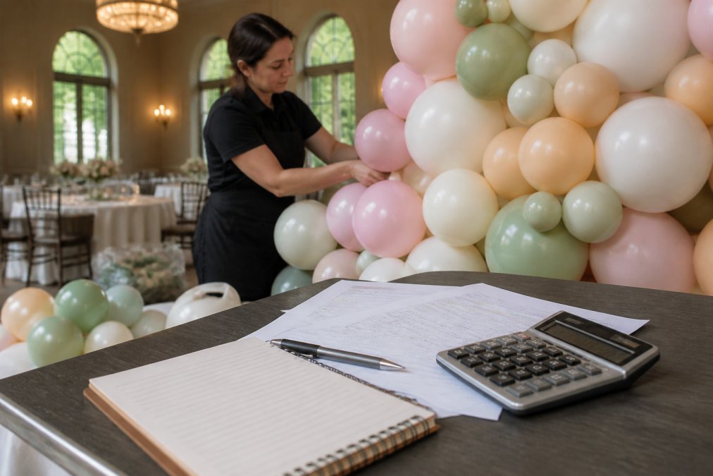 A professional balloon artist in a black apron assembling a large organic balloon garland with varied sizes of pastel latex balloons at an upscale event venue, natural window light illuminating the workspace