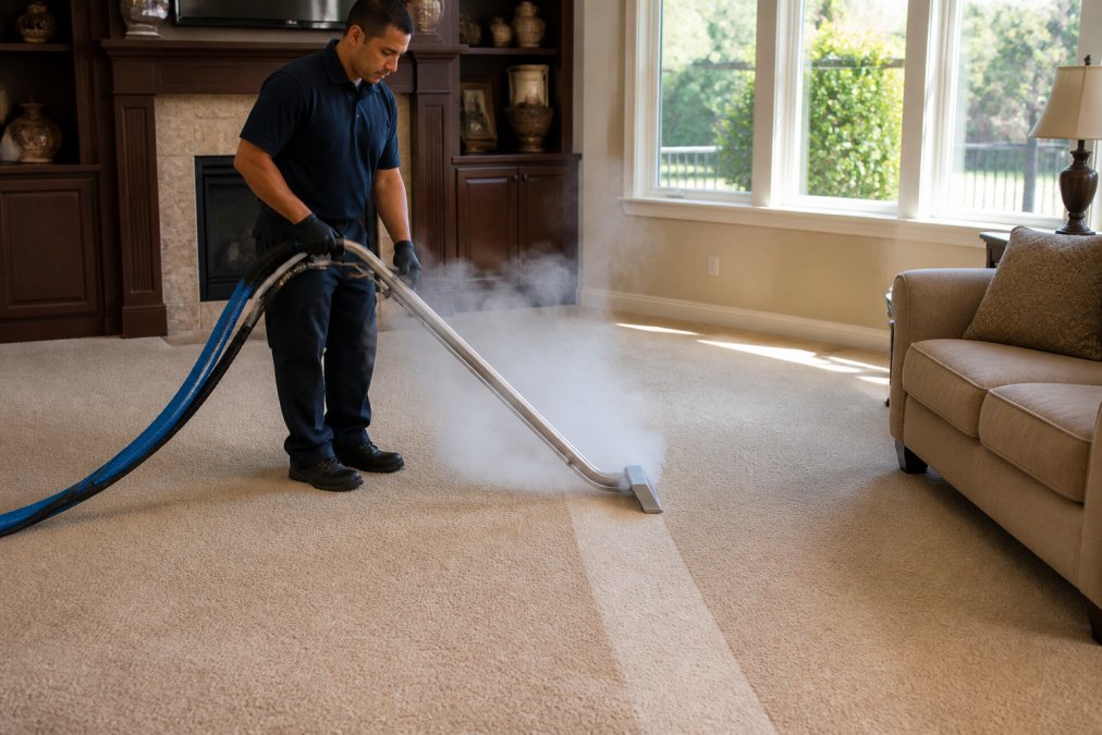 A uniformed carpet cleaning technician operating a truck-mounted steam cleaning wand across a beige residential living room carpet, with visible steam rising from the fibers and a clean strip emerging behind the wand, natural afternoon light through large windows