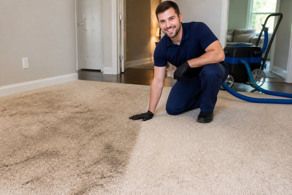 A carpet cleaning technician kneeling beside a residential carpet, one half visibly stained and matted with embedded dirt, the other half freshly cleaned and bright, under warm indoor lighting with cleaning equipment visible in the background
