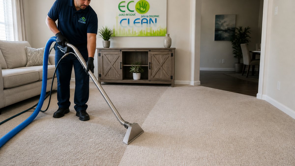 Professional carpet cleaner using hot water extraction equipment on residential carpet with furniture moved aside, showing visible cleaning results on treated area