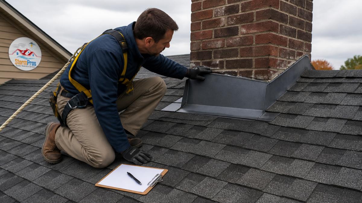 A roofing inspector in a safety harness and work boots kneeling on gray asphalt shingles, examining metal flashing around a brick chimney with a clipboard resting beside him, overcast daylight