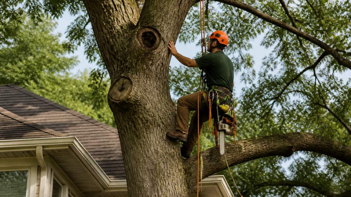 Professional arborist in safety gear examining a large mature oak tree near a residential roof, using climbing equipment and inspecting branches for damage and disease