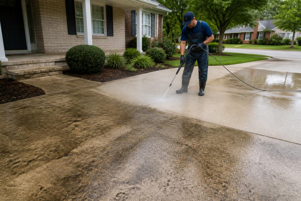 Technician using pressure cleaning Sydney services on a dirty concrete driveway outside a suburban home