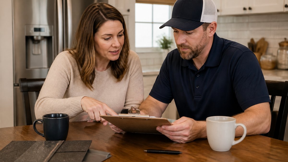 A homeowner and a roofing contractor reviewing a printed repair estimate together on a clipboard at a kitchen table, with a pen and coffee mugs nearby