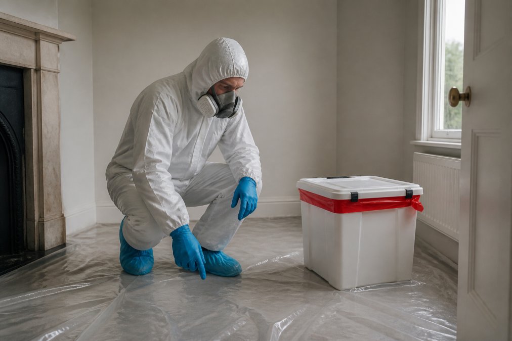 Specialist cleaner in protective equipment assessing a contaminated room