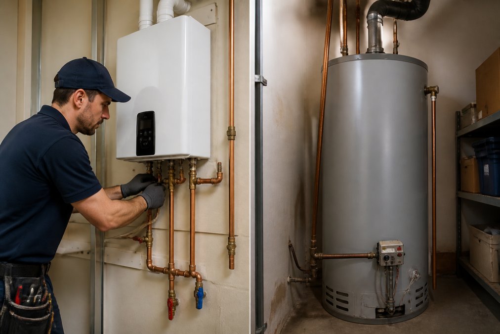 A licensed plumber installing a wall-mounted tankless water heater in a utility room, with copper pipes and copper fittings visible in the foreground, under bright fluorescent utility lighting