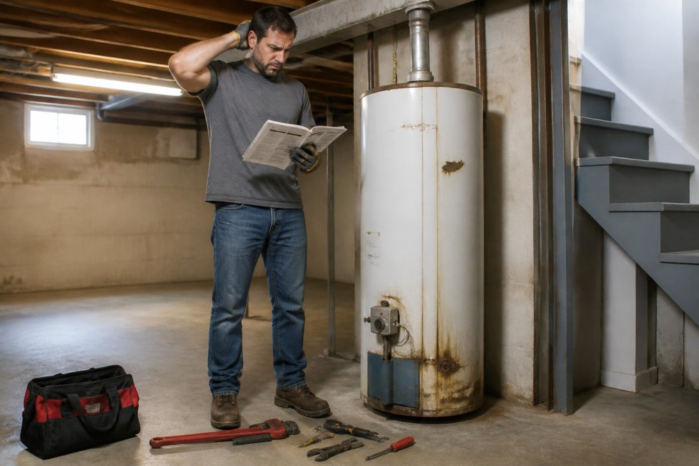 A homeowner in work gloves standing next to an old tank water heater in a basement, looking uncertain while reviewing an installation manual, with tools laid out on the concrete floor under overhead fluorescent lighting