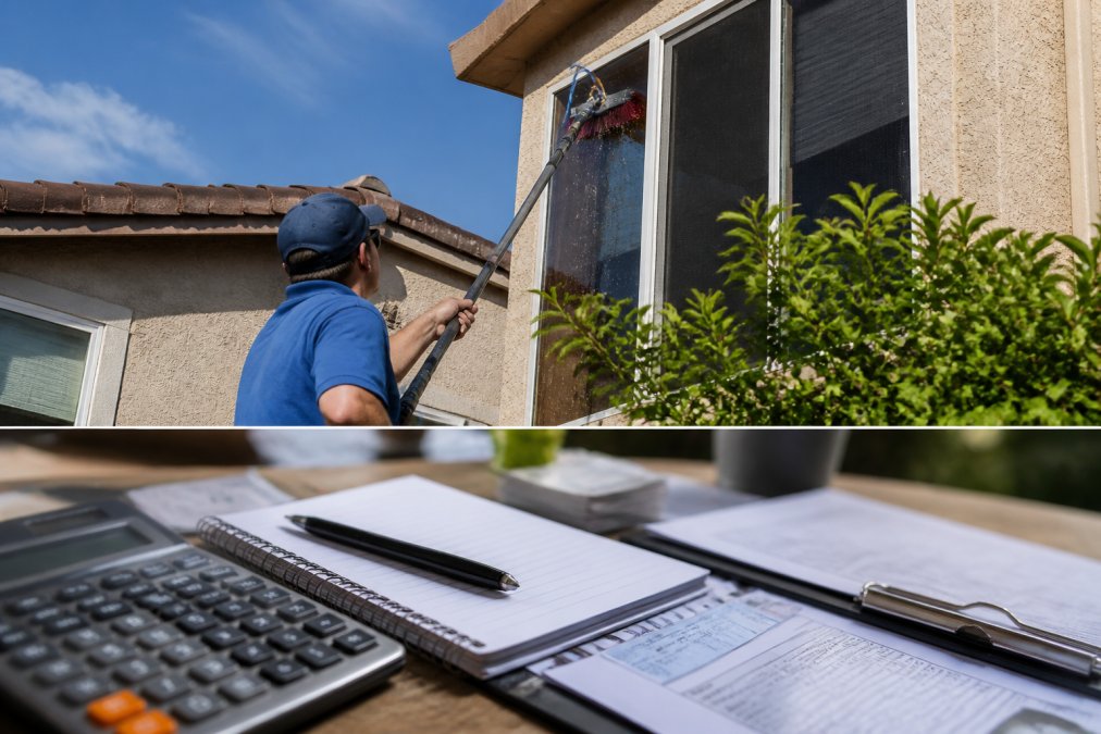 A professional window cleaner using a squeegee and water-fed pole system on a two-story home exterior with visible window tracks and screens, bright sunny day