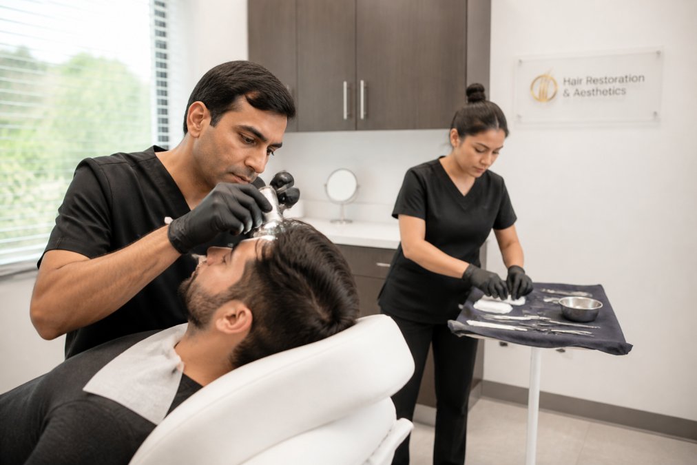 A board-certified physician in a bright, modern clinic examining a patient's scalp with a specialized magnifying instrument while a technician prepares sterile instruments on a nearby tray