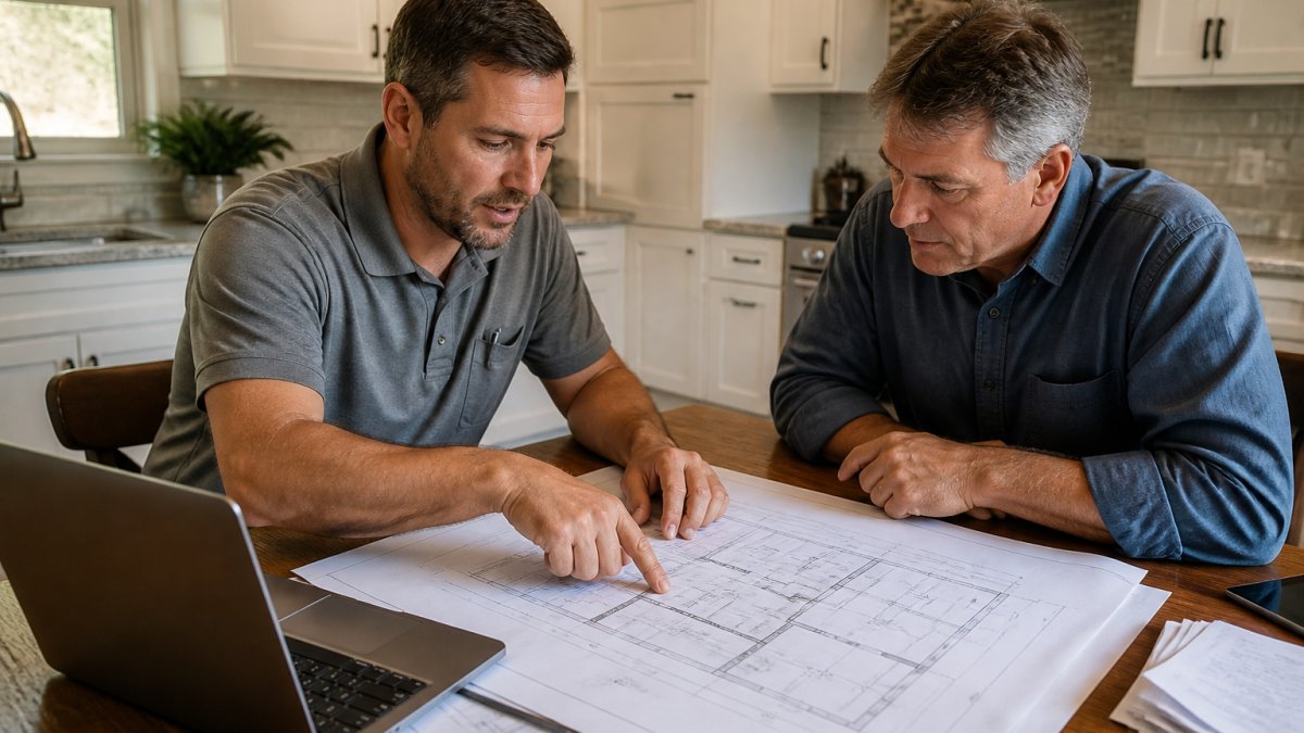 Contractor and homeowner reviewing blueprints on a kitchen table with a laptop showing a spreadsheet, natural light, focused discussion