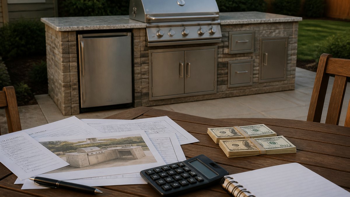 Outdoor kitchen island with a granite countertop, built-in grill, stainless steel refrigerator and storage cabinets on a landscaped patio