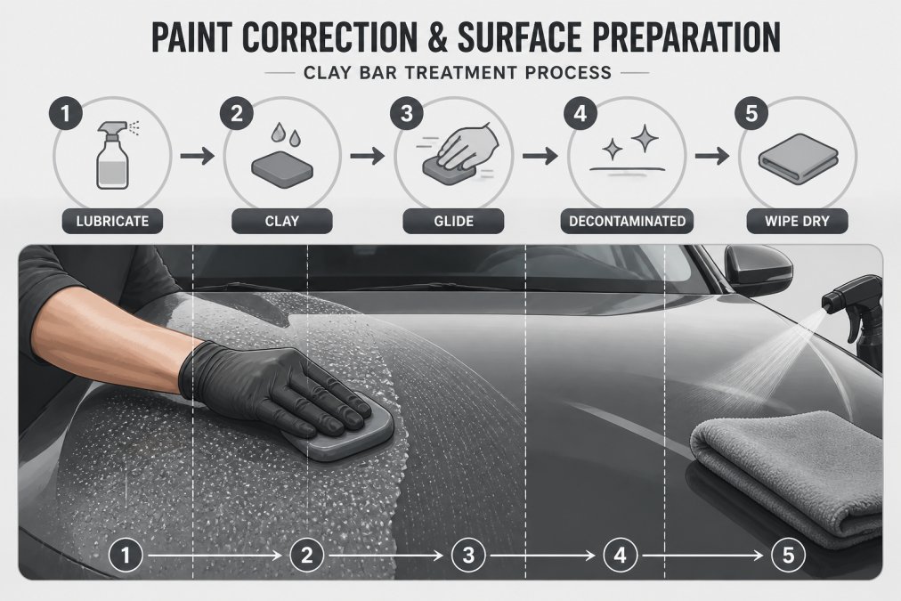 Professional technician using clay bar treatment on car hood with water spray and foam, showing decontamination process on glossy paint surface
