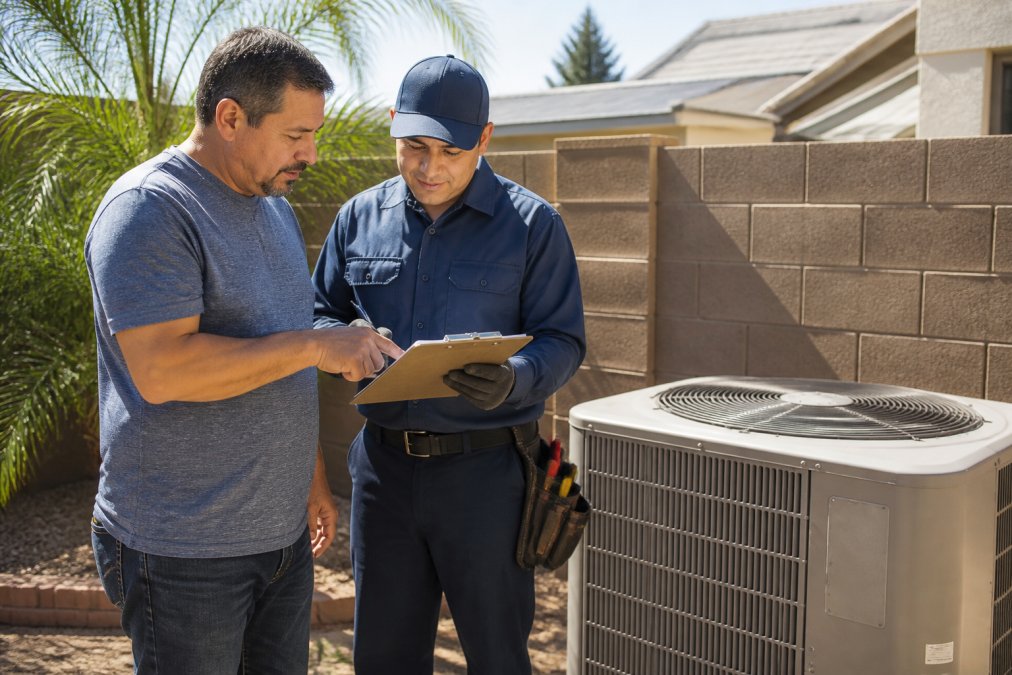 A homeowner and an HVAC technician in uniform reviewing a quote on a clipboard next to an outdoor AC condenser unit in a sunny backyard