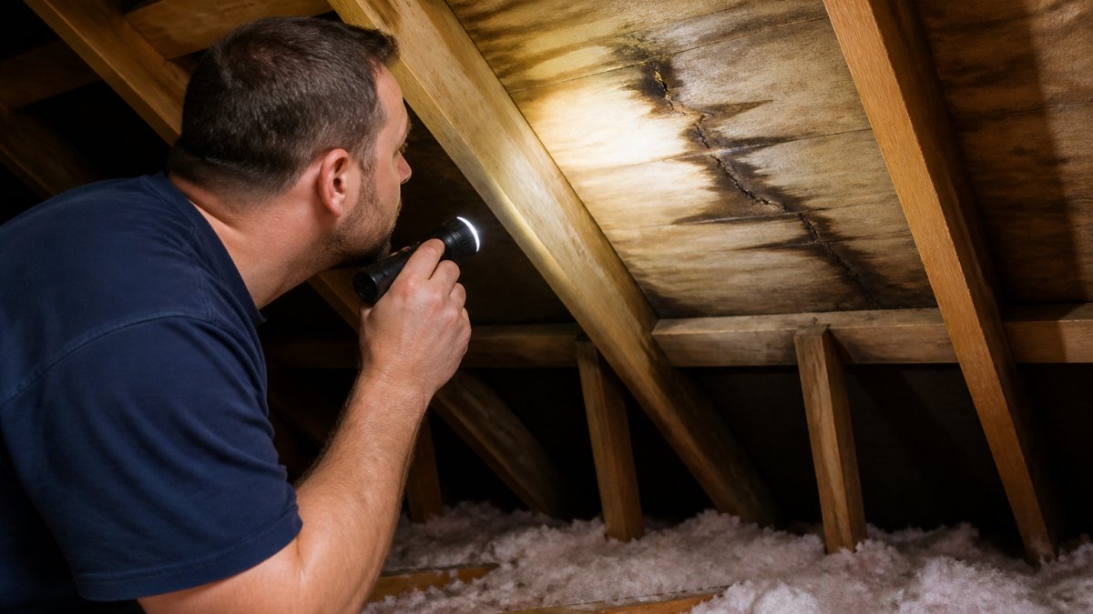 Homeowner using flashlight to inspect attic for water stains and damage on roof decking, examining underside of roof structure