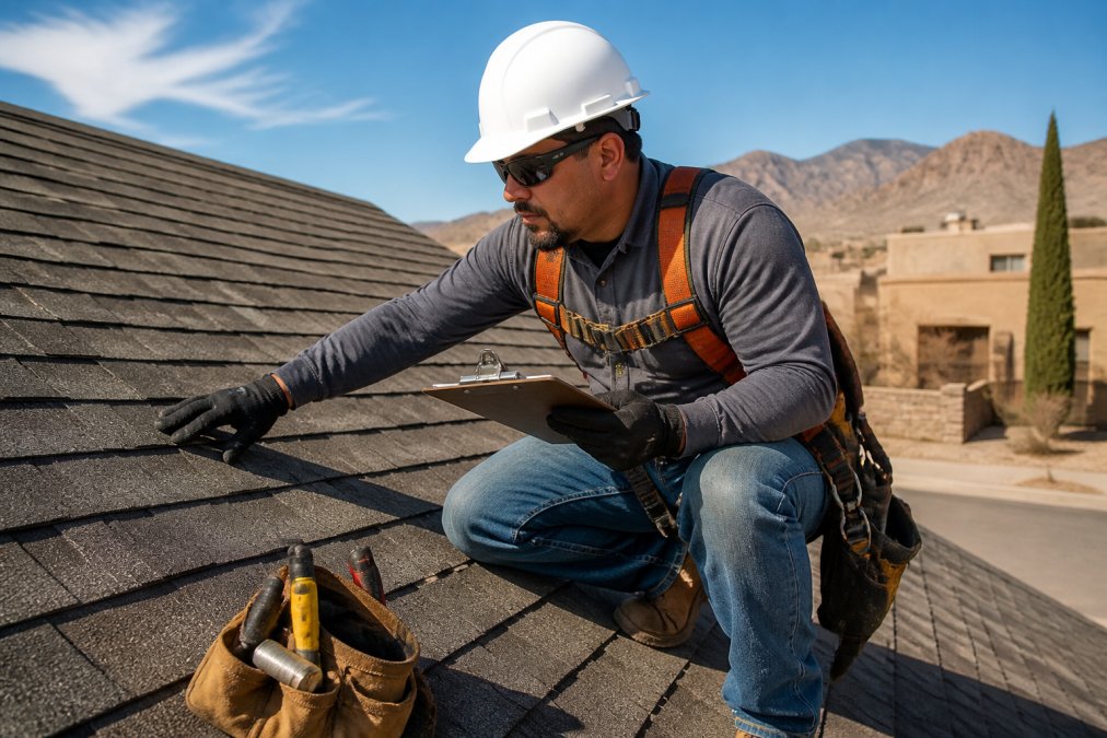 A roofing contractor in safety gear inspecting a residential roof in a sunny, dry climate, with a clipboard and tools visible, showing professional assessment on site