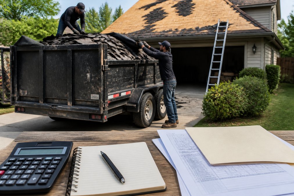 Roofing crew loading old shingles into a dumpster during an asphalt roof replacement project