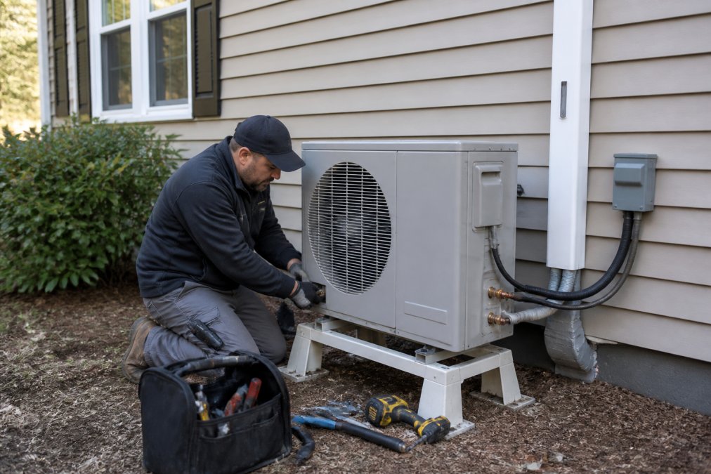 HVAC technician installing an outdoor split system unit to help determine the average cost to replace home hvac system