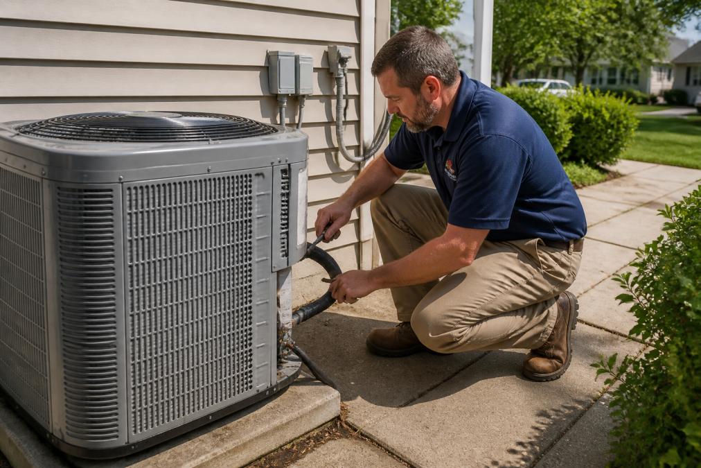 A licensed HVAC technician in a branded uniform crouching beside an outdoor central air conditioning condenser unit next to a suburban New Jersey home, inspecting refrigerant lines in bright afternoon sunlight