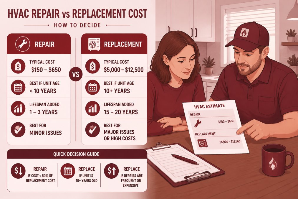 A homeowner and an HVAC contractor reviewing a printed estimate together at a kitchen table, with a clipboard and pen visible, warm interior lighting, suburban home setting