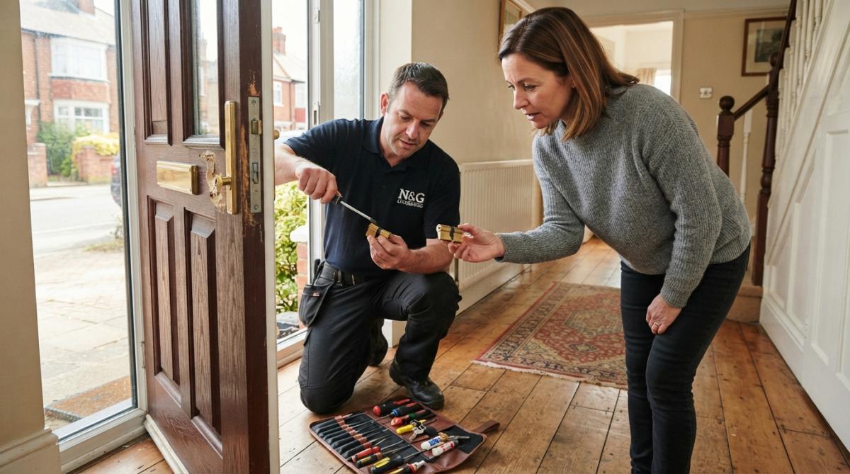 Homeowner examining the British Standard kitemark stamped on a new mortice deadlock cylinder while a locksmith kneels at the open front door with a tool roll, daylight streaming into the hallway