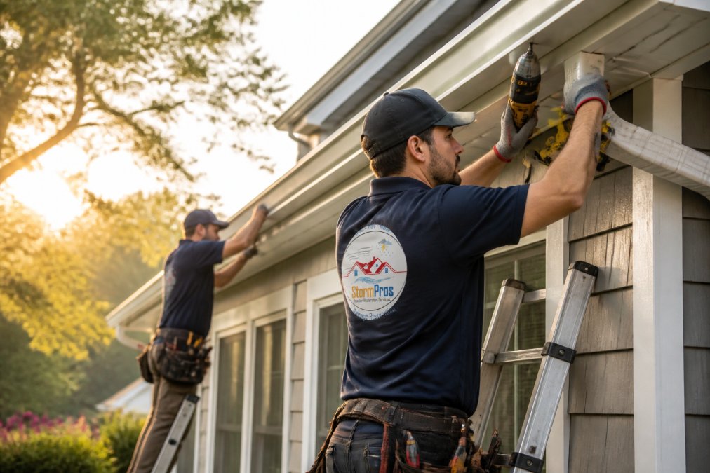 Professional contractor crew installing seamless gutters on residential home, workers on ladders securing gutter hangers to fascia board with power tools, morning sunlight illuminating the work