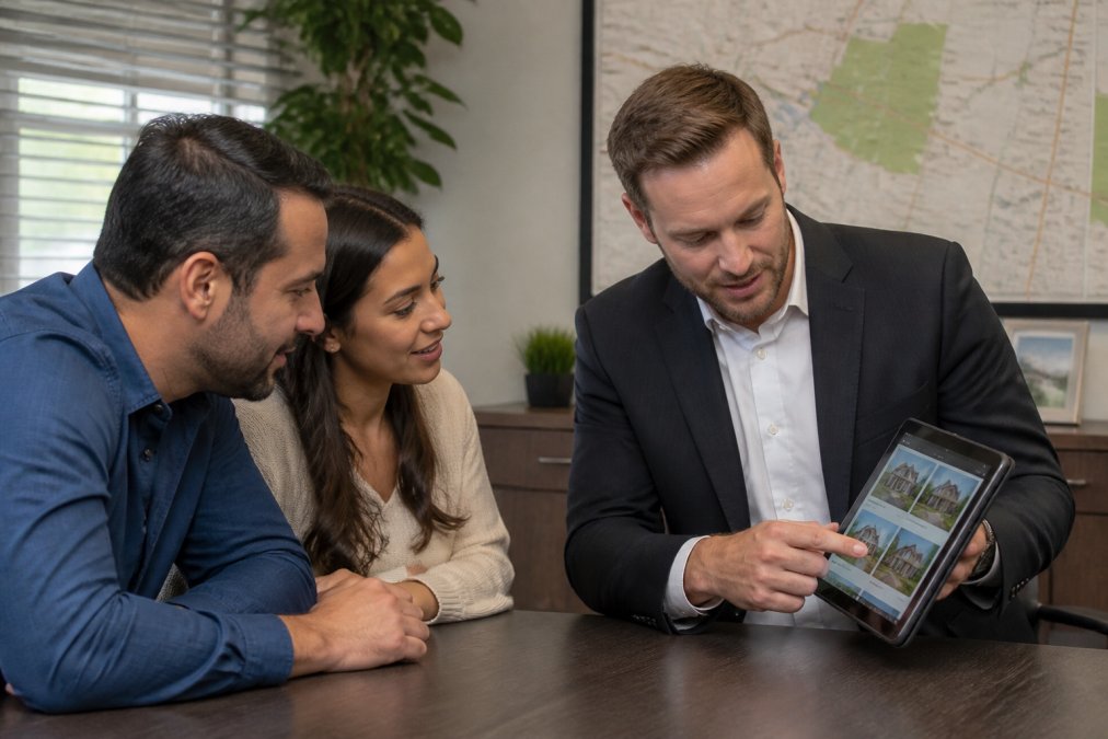 A real estate agent showing a young couple a tablet with home listings in a bright, modern office in the East Valley, with a map of the area on the wall