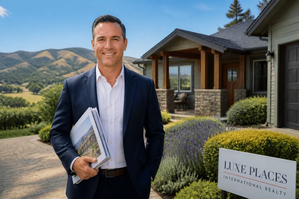 Real estate agent holding documents in front of a home in Ukiah, where the average home price Ukiah is a key factor.