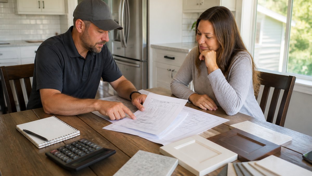 A contractor and homeowner reviewing a detailed kitchen remodel estimate at a kitchen table, cabinet samples and a tablet showing a budget spreadsheet nearby, warm afternoon light through the window